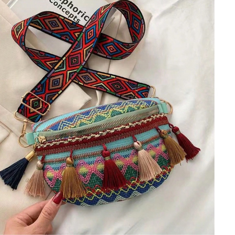 Western Multicolor Embroidered Tassel Detail Zip Up Sling Crossbody Bag